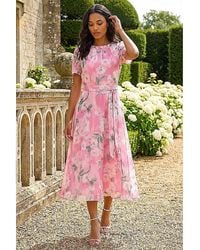 Roman - Roman Floral Print Pleat Neck Midi Dress - Lyst