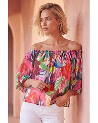 Roman - Roman Floral Print Tie Front Bardot Top - Lyst