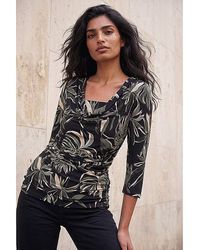 Roman - Roman Leaf Print Gathered Cowl Neck Top - Lyst