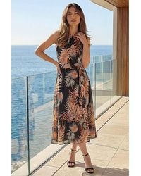 Roman - Roman Leaf Chiffon Pleat Neck Midi Dress - Lyst