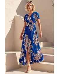 Roman - Roman Leaf Print Shirred Maxi Dress - Lyst