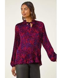 Roman - Roman Animal Print Tie Neck Pleated Top - Lyst