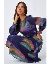 Roman - Roman Feather Print Belted Midi Dress - Lyst