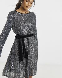 Simply Be - Sequin Skater Dress With Belt - Lyst