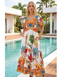 Roman - Roman Floral Border Ruched Midi Dress - Lyst