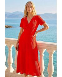 Roman - Roman Textured Wrap Bodice Midi Dress - Lyst