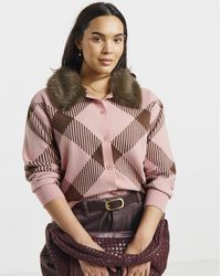 Simply Be - Fur Collar Checked Cardigan - Lyst