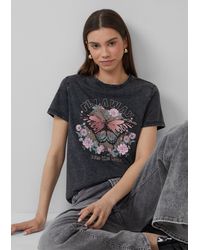 QS - Baumwollshirt mit Frontprint in gewaschener Optik - Lyst