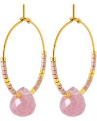 Brillaxis - Boucles oreilles Créoles acier doré pierre rose - Lyst