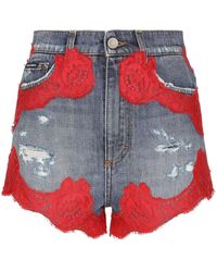 Dolce & Gabbana Floral-lace Denim Shorts - Red