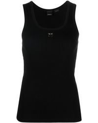 Pinko - Black Ribbed Tank Top With Front Logo Embroidery In Stretch Cotton Woman - Lyst