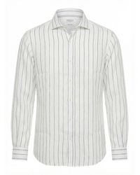 Brunello Cucinelli - Stripe Linen Easy Fit Shirt With Spread Collar - Lyst