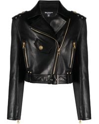 Balmain - Cropped Belted Leather Biker Jacket - Lyst