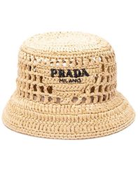 Prada - Neutral Raffia Logo Bucket Hat - Lyst