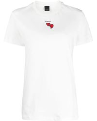 Pinko - Logo-print Heart-motif Bead-embellished T-shirt - Lyst