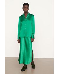 Vince Silk Slim Fitted Band Collar Blouse - Green