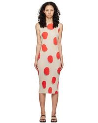Pleats Please Issey Miyake - Off-white & Red Bean Dots Midi Dress - Lyst