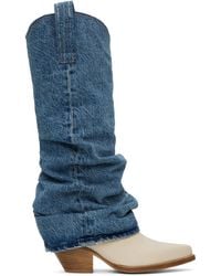 R13 - Blue & White Mid Cowboy Denim Sleeve Boots - Lyst