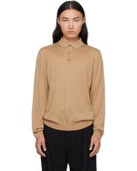 BOSS - Polo À Manches Longues Brun Clair En Laine Vierge - Lyst