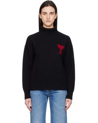 Ami Paris - Pull Noir À Col Cheminée Et À Logo Ami De Cœur Contrastant - Lyst