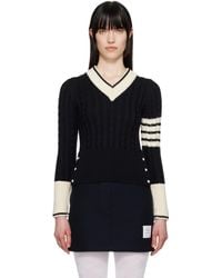 Thom Browne - Pull Bleu Marine Et Blanc Cassé En Laine Mérinos À Col En V - Lyst
