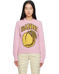 Ganni - Pull rose à logo et image en tricot jacquard - Lyst