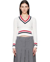 Thom Browne - Off- Baby Ladder Cable Shrunken V Neck Sweater - Lyst