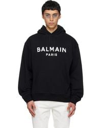 Balmain - Pull À Capuche Noir En Coton À Logo Imprimé - Lyst