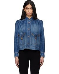 Chloé - High-Neck Gathered Denim Jacket - Lyst