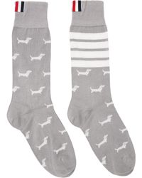 Thom Browne - Chaussettes Hauteur Mi-Mollet Grises À Logos Hector Et À Quatre Rayures - Lyst