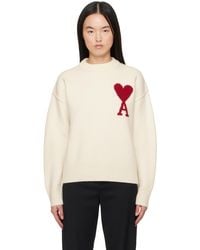 Ami Paris - Pull Blanc Cassé En Laine À Logo Ami De Cœur - Lyst