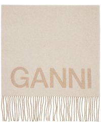 Ganni - Beige Fringe Logo Scarf - Lyst