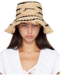 Ganni - Tan Striped Raffia Bucket Hat - Lyst