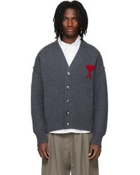 Ami Paris - Cardigan Gris En Laine À Logo Ami De Cœur Contrastant - Lyst