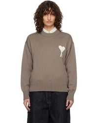 Ami Paris - Pull Taupe En Laine Et Coton À Logo Ami De Cœur - Lyst