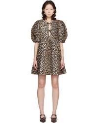 Ganni - Leopard Printed Cotton Tie String Minidress - Lyst