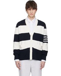 Thom Browne - Cardigan De Rugby Bleu Marine Et Blanc Cassé En Point De Milan À Rayures - Lyst