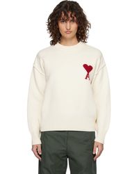 Ami Paris - Pull Blanc Cassé En Laine À Col Ras Du Cou Et À Logo Ami De Cœur - Lyst