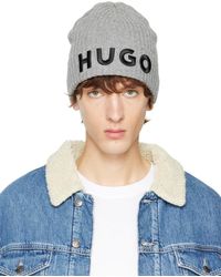 HUGO - Gray Embroidered Beanie - Lyst