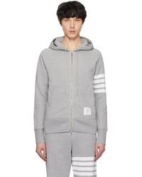 Thom Browne - Pull À Capuche Gris En Jersey Bouclette À Quatre Rayures Et À Glissière - Lyst