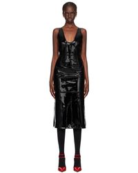 Ferragamo - Black Scoop Neck Leather Midi Dress - Lyst