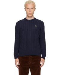 Lacoste - Pull Bleu Marine En Tricot Câblé De Coton - Lyst