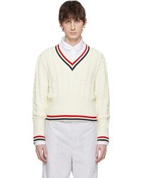 Thom Browne - Pull Blanc En Tricot Câblé À Col En V - Lyst