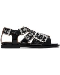 Ganni - Feminine Buckle Strap Naplack Flat Sandals - Lyst
