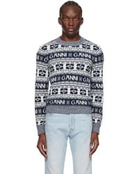 Ganni - Navy & White Crewneck Sweater - Lyst