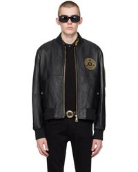 Versace - Black V-emblem Leather Bomber Jacket - Lyst
