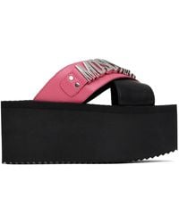 Moschino - Black & Pink Logo Lettering Wedge Sandals - Lyst