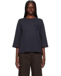 Ami Paris - T-Shirt Bleu Marine En Coton À Écusson À Logo Ami De Cœur - Lyst