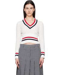 Thom Browne - Off- Baby Ladder Cable Shrunken V Neck Sweater - Lyst