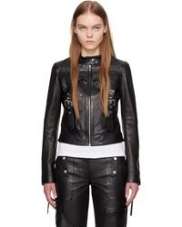 Blumarine - Blouson motard noir en cuir à pattes à boucle à ardillon - Lyst